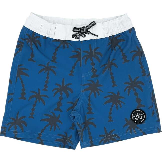 Wavy Palm Print Drawstring Boardshort, Seaside Blue