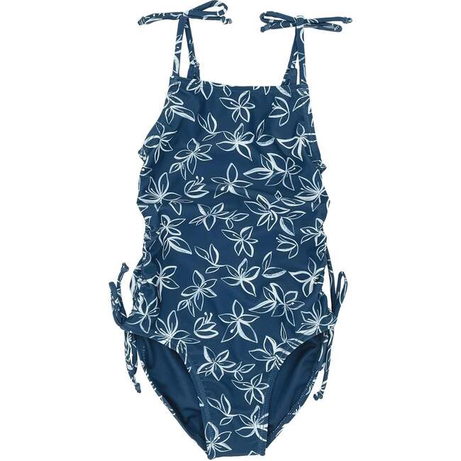 Seaside Tie Shoulder Side Ruched One-Piece Swimsuit, Navy