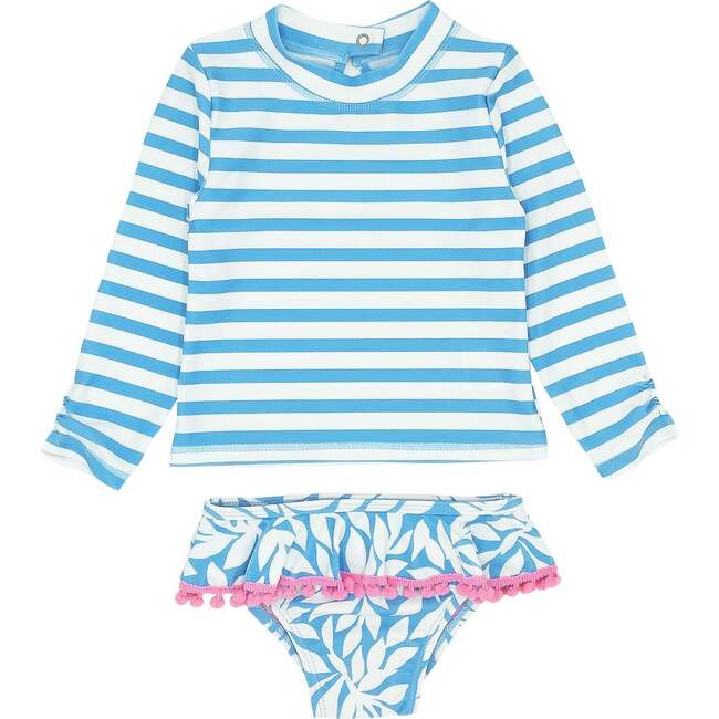 Sandy Toes Striped & Floral Long Sleeve 2-Piece Swimsuit, Blue Grotto