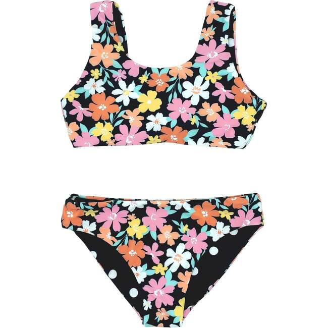 Island Hopper Floral & Polka Dots Sleeveless Reversible Bikini, Black