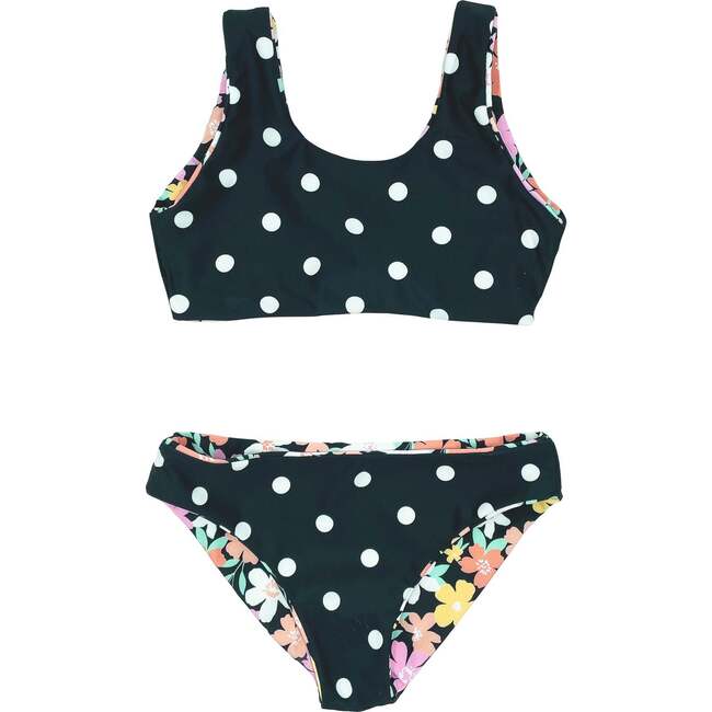 Island Hopper Floral & Polka Dots Sleeveless Reversible Bikini, Black - Two Pieces - 3