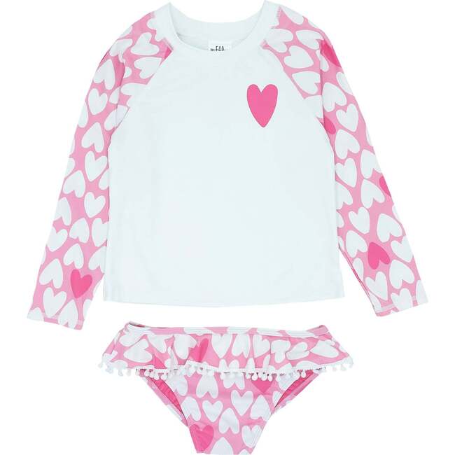 Fun In The Sun Heart Print Raglan Sleeve 2-Piece Swimsuit, Prism Pink