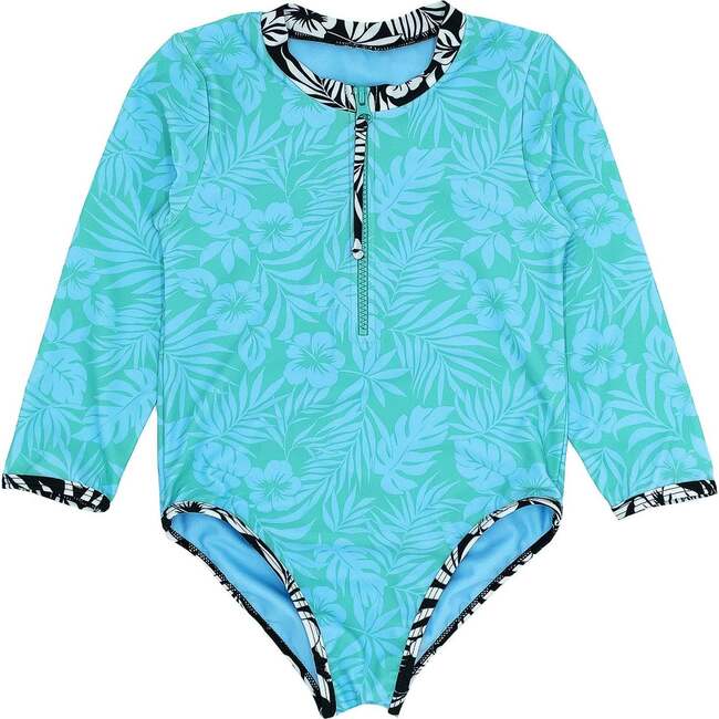 Sun Seeker Print Long Sleeve Zipper Surf Suit, Cockatoo