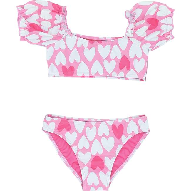 Blossom Heart Print Short Puff Sleeve Bikini, Prism Pink