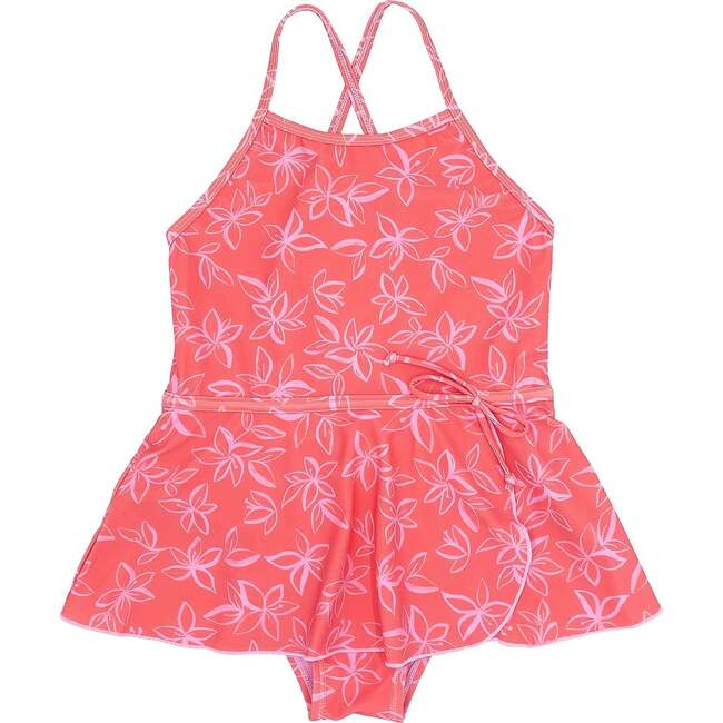Bella Floral Thin Strap Ruffle Skirt One-Piece Swimsuit, Sugar Coral