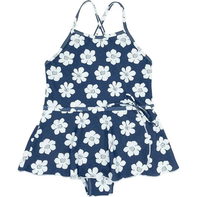 Bella Floral Thin Strap Ruffle Skirt One-Piece Swimsuit, Navy