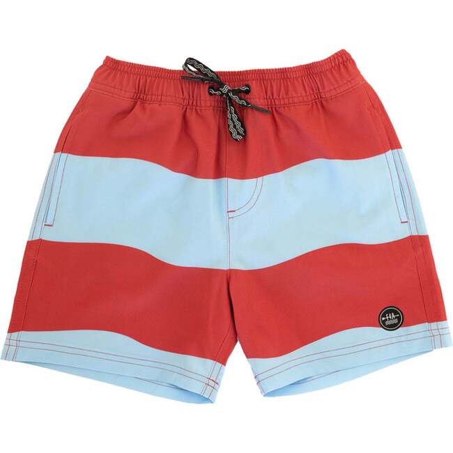 Baby Wave Stripe Color-Block Drawstring Volley Trunk, Chili Pepper