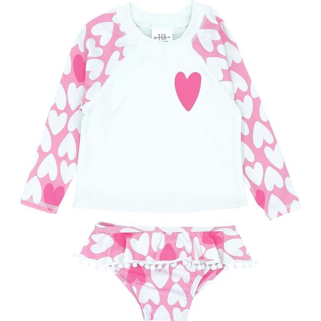 Baby Fun In The Sun Heart Print Raglan Sleeve 2-Piece Swimsuit, Prism Pink