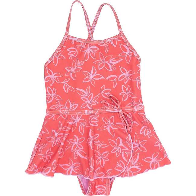 Baby Bella Floral Thin Strap Ruffle Skirt One-Piece Swimsuit, Sugar Coral