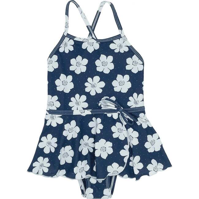 Baby Bella Floral Thin Strap Ruffle Skirt One-Piece Swimsuit, Navy