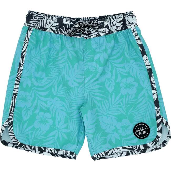 Aloha Tropical Rounded Edge Contrast Piped Drawstring Boardshort, Cockatoo