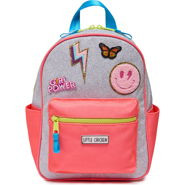 Mini Backpack With Patches, Silver Glitter