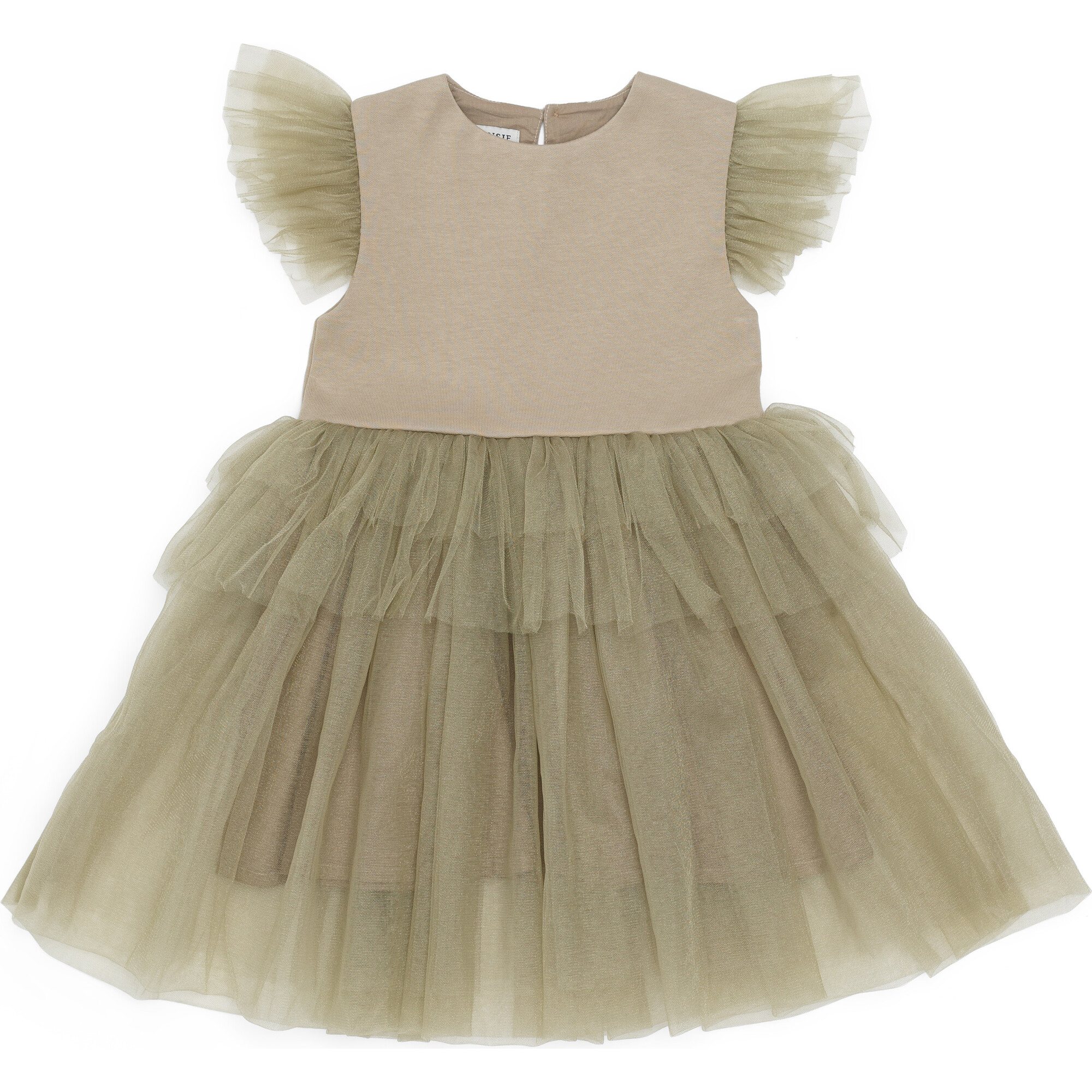 Nena Flutter Sleeve Tulle Dress, Light Olive - Dresses - 1