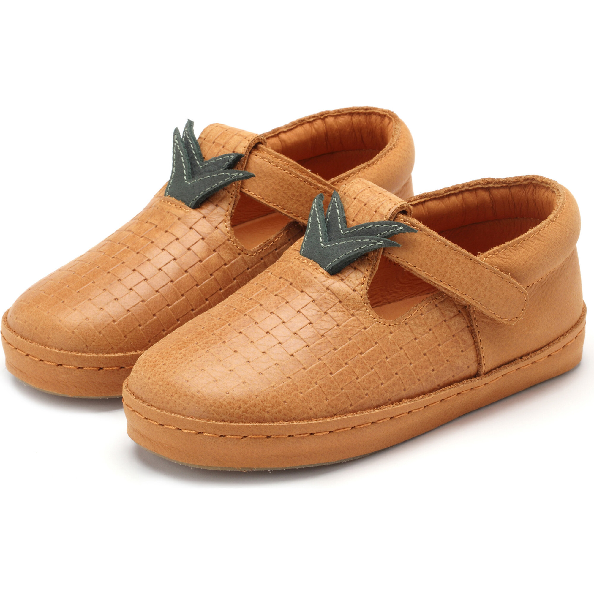 Bowi Pineapple Leather Velcro Strap Shoes, Caramel - T-Straps - 1