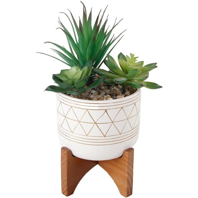 Faux Succulents In Gold Handpiant Ceramic Stand