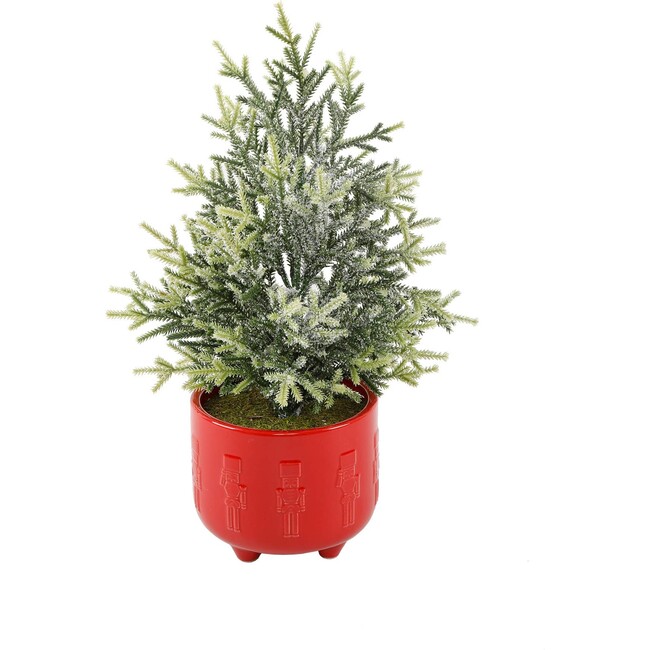 Faux Frosted Christmas Tree In Red Nutcracker Ceramic Pot