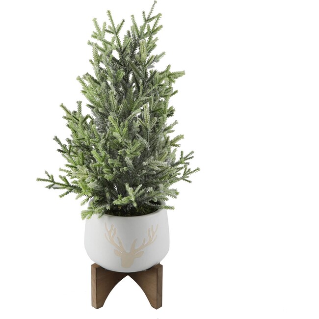 Faux Frosted Christmas Tree In Staghead Ceramic Pot
