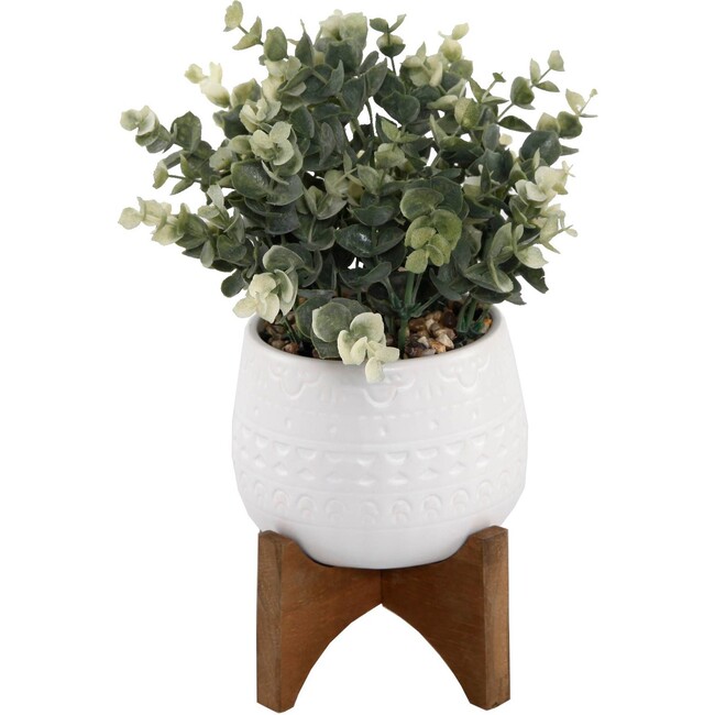 Faux Eucalyptus in Matte White Ceramic Pot on Wood