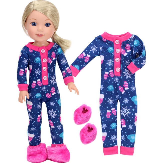 14.5" Doll Girl Winter Print One Piece Pajama & Hot Pink Slippers, Navy