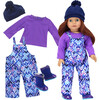 18" Doll Ikat Print Bib Snow Overalls, Purple T, Navy Fleece Hat & Boots Set, Blue - Doll Accessories - 1 - thumbnail