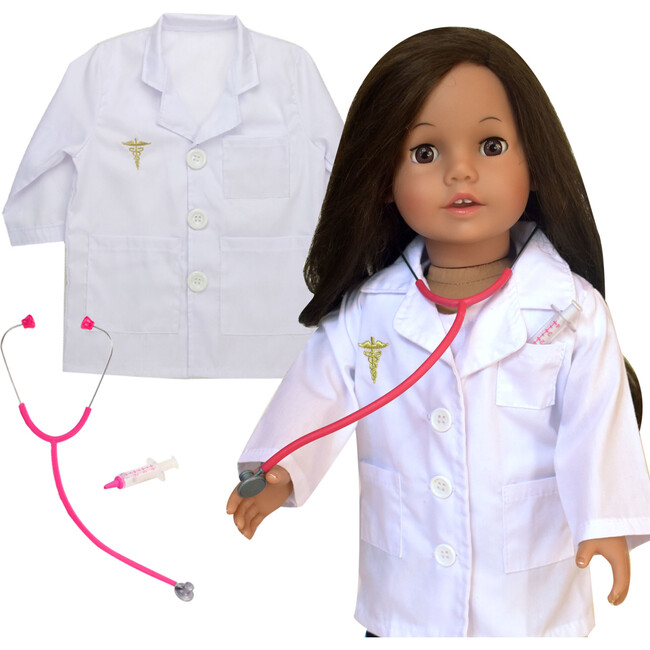 Kid Size Lab Coat with Stethoscope & Syringe and Doll Size Lab Coat with Stethoscope & Syringe, White