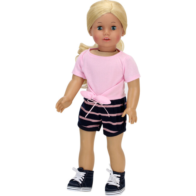 18" Doll Textured Stripe Shorts & Pink Front Tie T