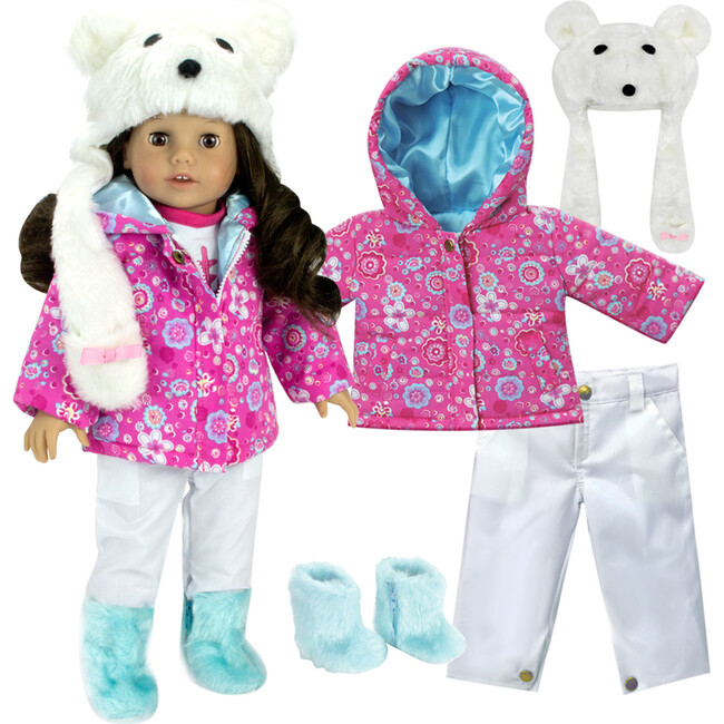 18" Doll - Print Parka, White Snowboard Pants, Aqua Fur Boots & Polar Bear Hat