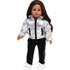 18" Doll Silver Metallic Jacket, Black Side Stripe Joggers, Knit Hat & Sneakers - Doll Accessories - 1 - thumbnail