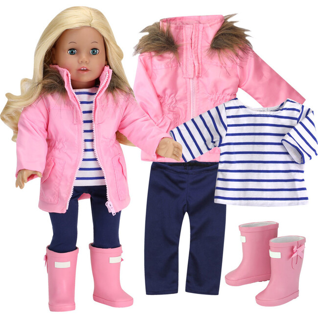 18" Doll - Parka, Leggings, Stripe T & Wellies,  Light Pink