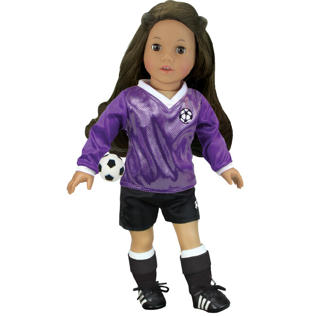 18'' Doll Soccer Outfit, Ball, Socks, Cleats & Shin Guards, Purple/Black