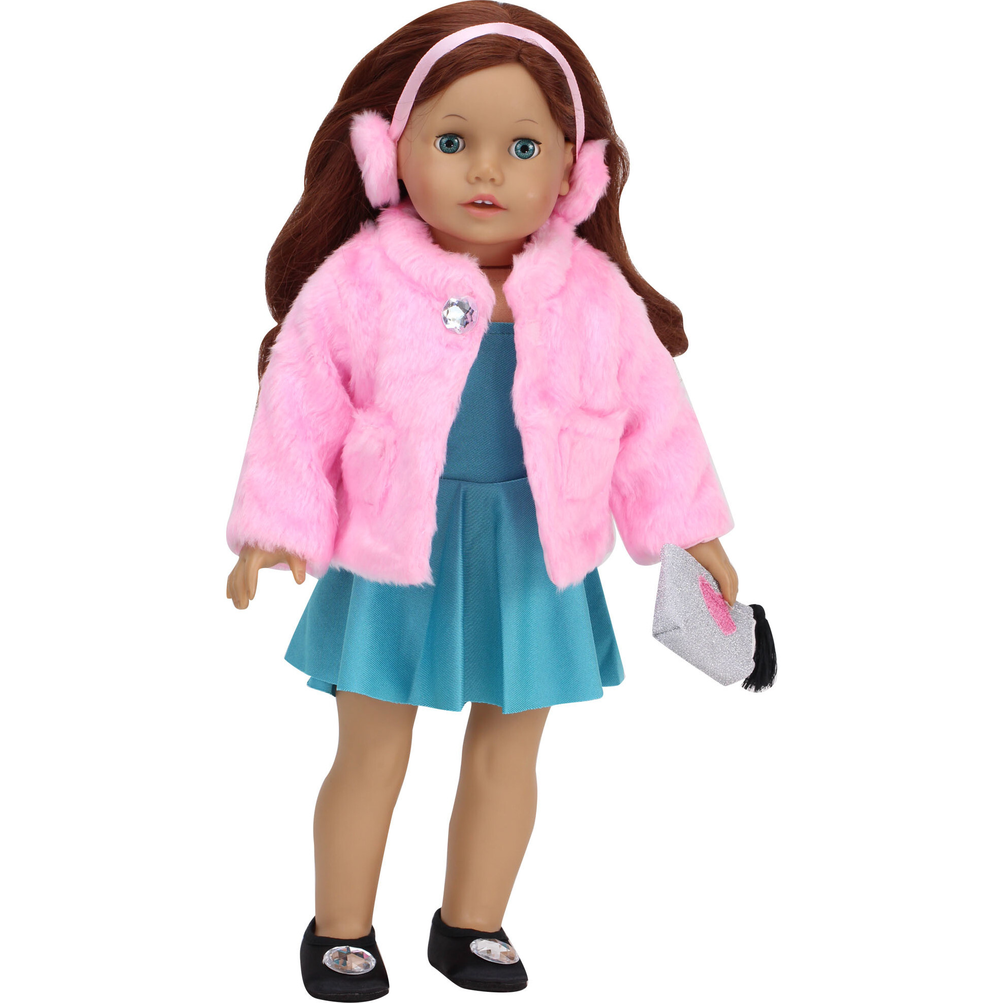 18'' Doll Fur Coat & Earmuff Headband, Pink - Doll Accessories - 1