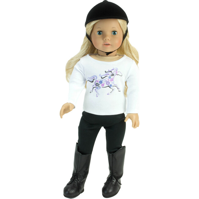 18" Doll, Purple Horse T, Black Leggings, Black Riding Helmet & Black Riding Boots, White