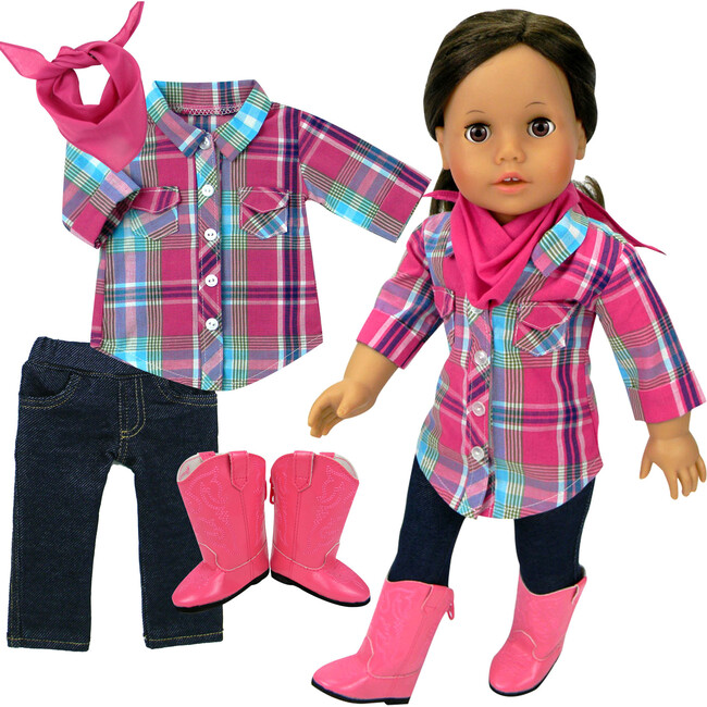 18" Doll - Plaid Button Up Blouse, Denim Jeggings, Bandana & Pink Cowgirl Boots, Hot Pink