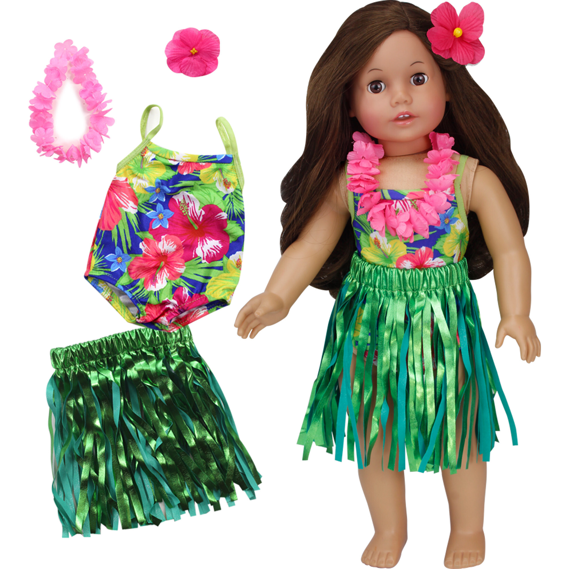 18" Doll Hawaiian Floral Bathing Suit, "Grass" Skirt, Floral Lei & Flower Hair clip - Doll Accessories - 1