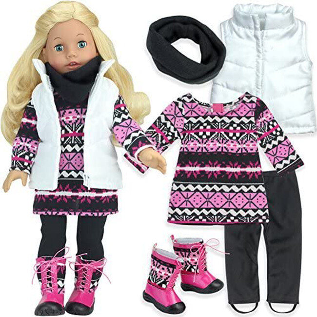 18'' Doll Knit Print Dress, Leggings, Scarf, Vest & Boots Set, Pink