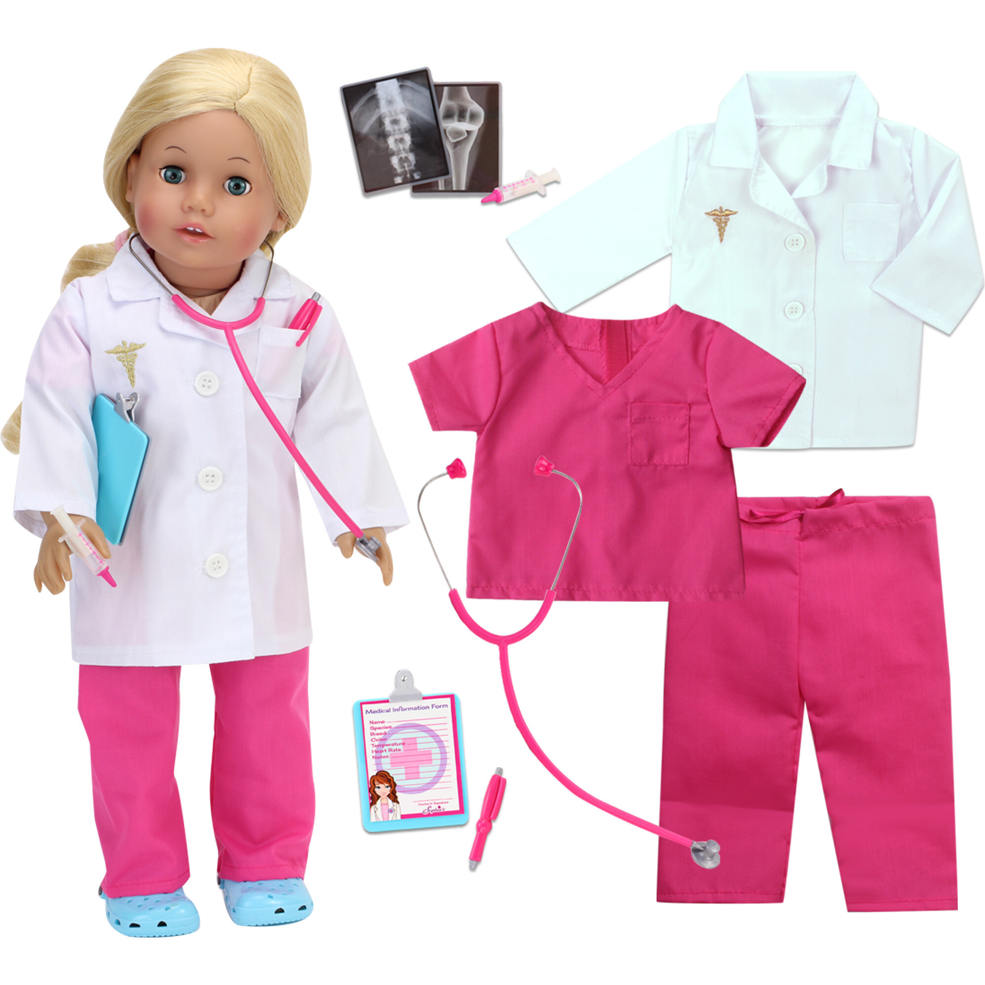 18'' Doll Doctor's Visit Outfit & Medical Accessories, Hot Pink - Doll Accessories - 1