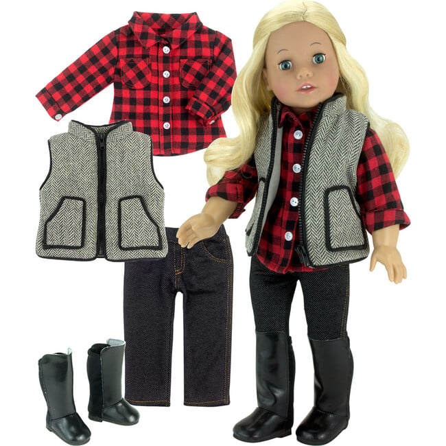 18'' Doll Checkered Shirt, Black Jeggings, Herringbone Print Vest & Black Boots, Red/Black