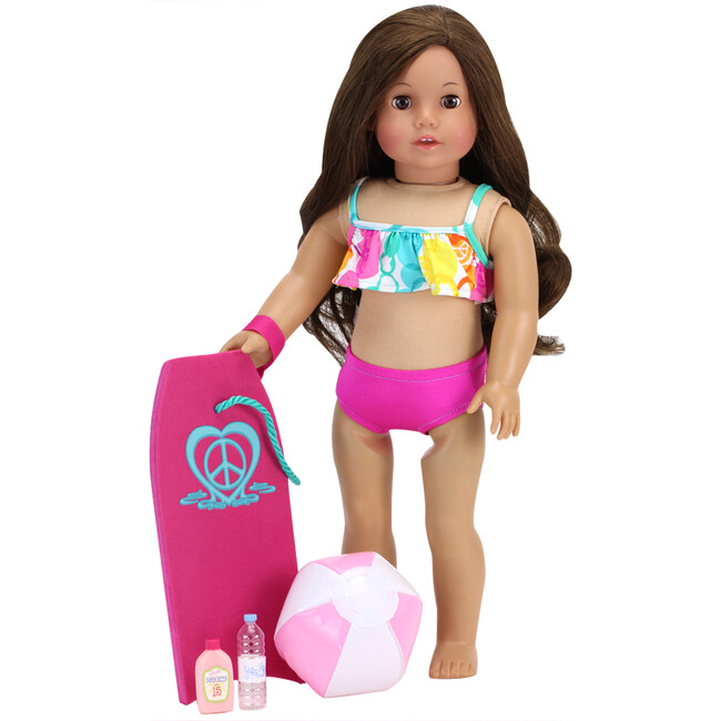 18'' Doll Bubble Bikini, Boogie Board, Beach Ball, Water & Suntan Lotion