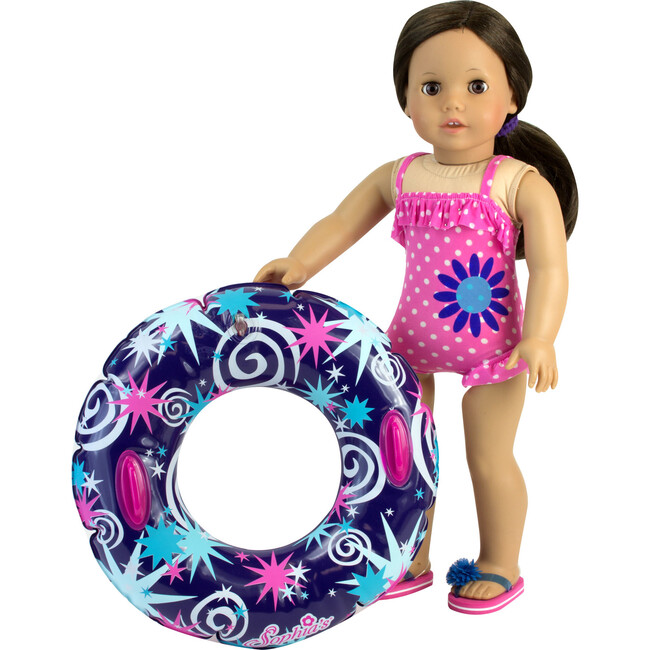 18'' Doll Ruffle Polka Dot Bathing Suit & Inner Tube Set, Hot Pink