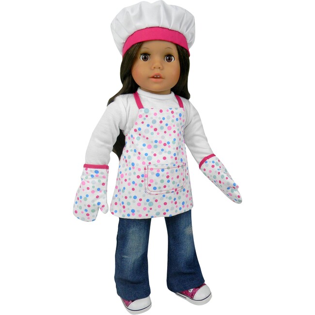 18" Doll Baking Apron, Hat & Mitten Set, White
