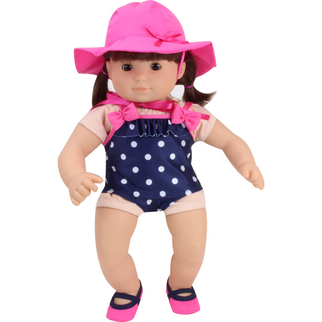 15" Doll Polka Dot Bating Suit, Hat & Water Shoes, Pink