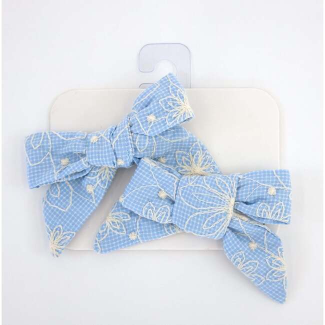 Embroidered Flower Bow Clips, Sky Blue
