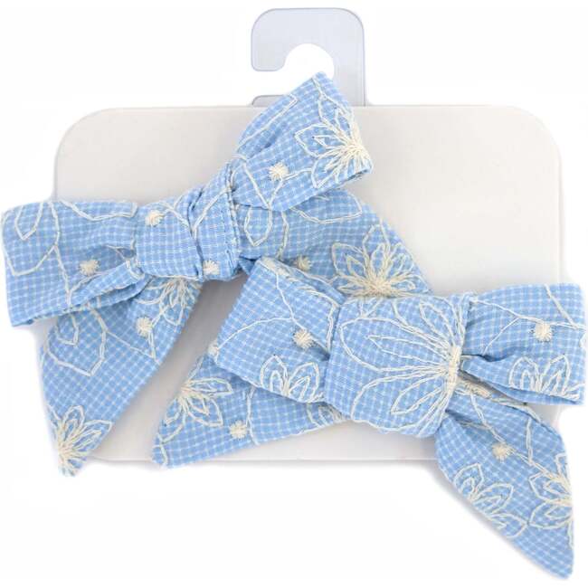 Embroidered Flower Bow Clips, Sky Blue - Hair Accessories - 4