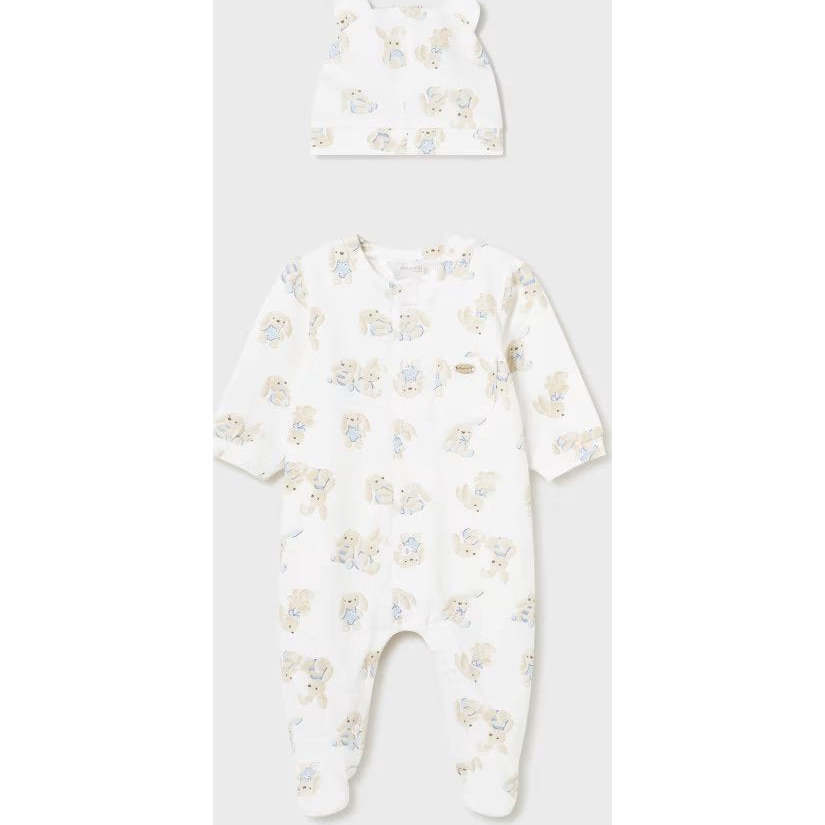 Bunny Print Babygrow & Hat, Cream - Onesies - 1
