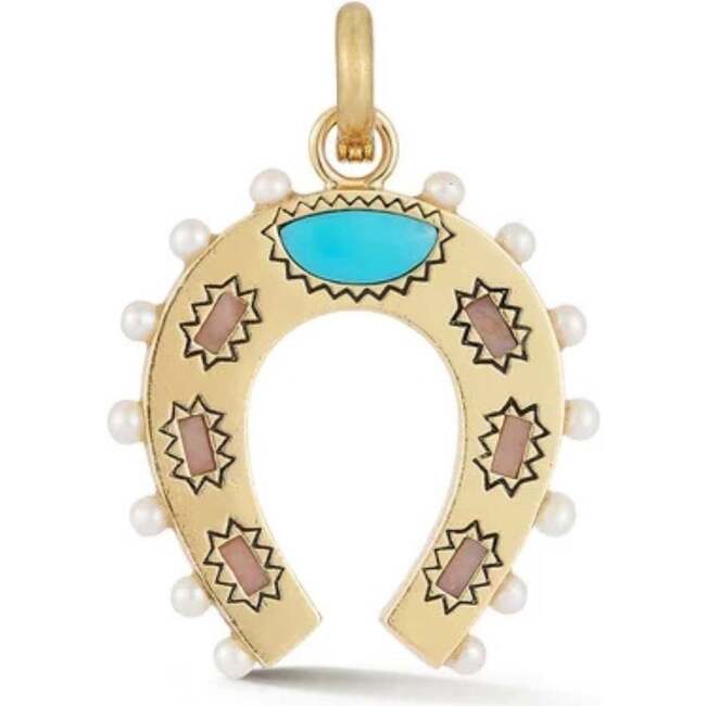 14K Gold Turquoise Pink Opal & Pearl Holly Horseshoe Charm