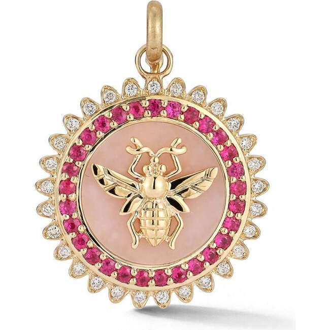 14K Gold Pink Opal Ruby Diamond Minnie Bee Medallion