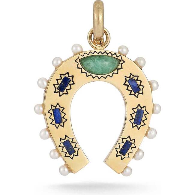 14K Gold Lapis Emerald & Pearl Holly Horseshoe Charm