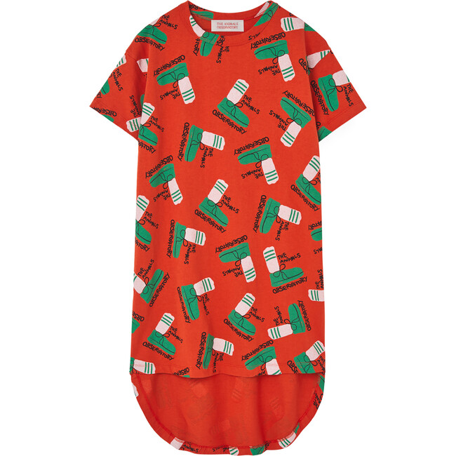Big Hare Kids Print Round Neck Relaxed Fit High-Low Dress, Red