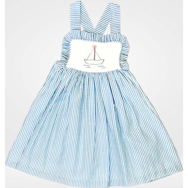 Seersucker Sailboat Dress, Blue and White and Pink