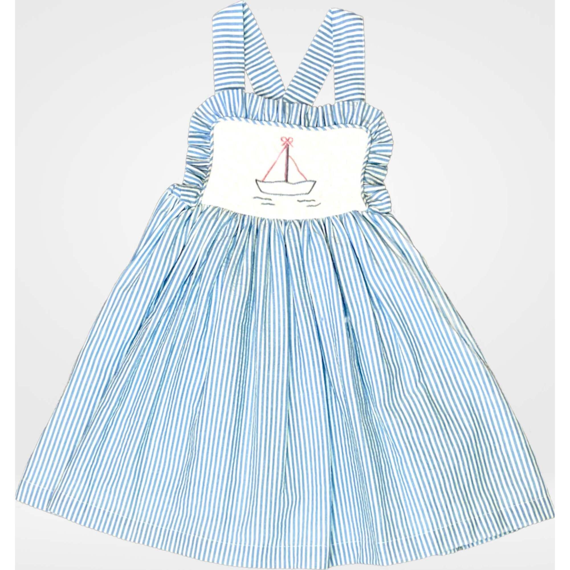 Seersucker Sailboat Dress, Blue and White and Pink - Dresses - 1